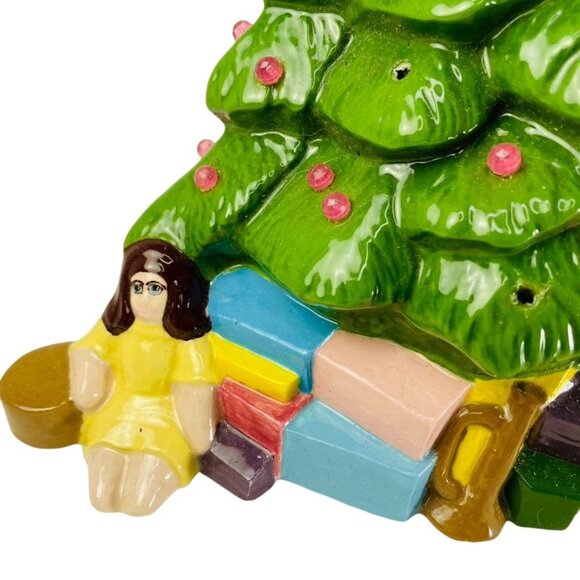 Unique Vintage Handmade Ceramic Green u Christmas Tree Little Girl Presents Tedd - Picture 12 of 16